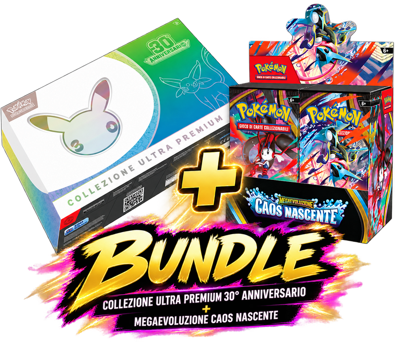 Bundle Pokémon – Collezione Ultra Premium 30° Anniversario + Box 36 Buste Mega Evoluzione Caos Nascente – ITA