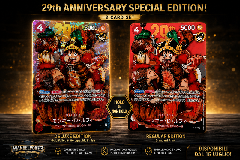 Monkey D. Luffy PROMO P-159 2 Card Set One Piece Card Game 29th Anniversary con carta Deluxe Holo Gold Foiled e Regular Non Holo originale.