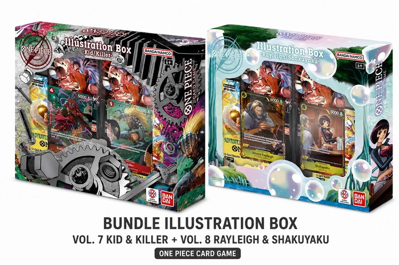 Immagine del Bundle One Piece Card Game Illustration Box Vol. 7 e Vol. 8 contenente le due confezioni ufficiali Bandai Namco dedicate a Kid & Killer e Rayleigh & Shakuyaku. Il bundle include 8 booster pack e 4 carte promo esclusive.