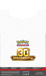 Pokémon GCC 30° Anniversario Collezione con Adesivi Lucario italiana con carta promozionale olografica Lucario, foglio di adesivi e tre buste dell'espansione celebrativa.