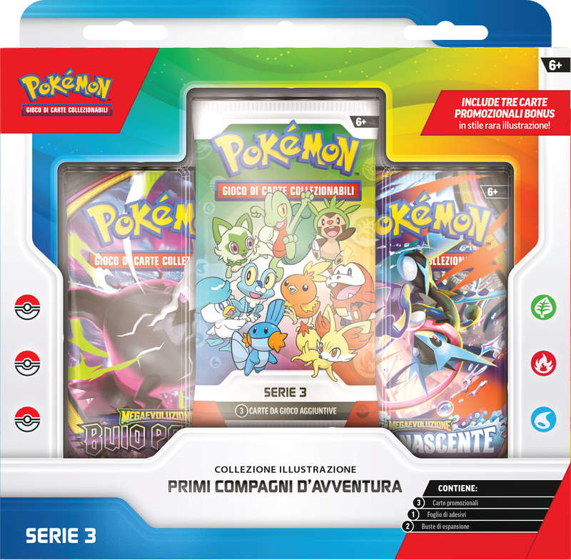 Pokémon Collezione Illustrazione Primi Compagni d'Avventura Serie 3 con 3 carte promo illustrazione, 2 buste Pokémon e foglio adesivi - Italiano
