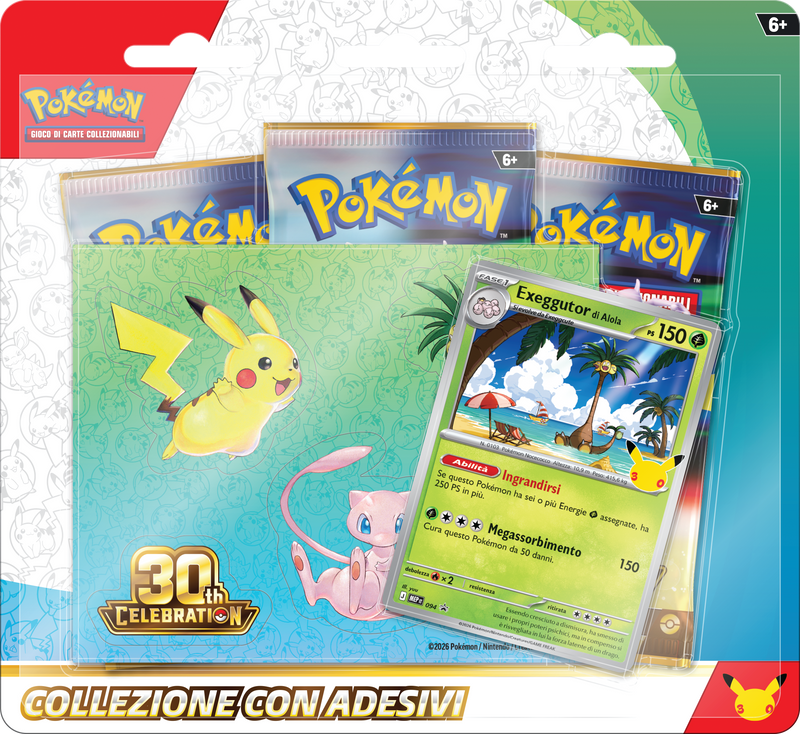 Pokémon GCC 30° Anniversario Collezione con Adesivi Exeggutor di Alola italiana con carta promozionale olografica, tre buste dell'espansione e foglio di adesivi.