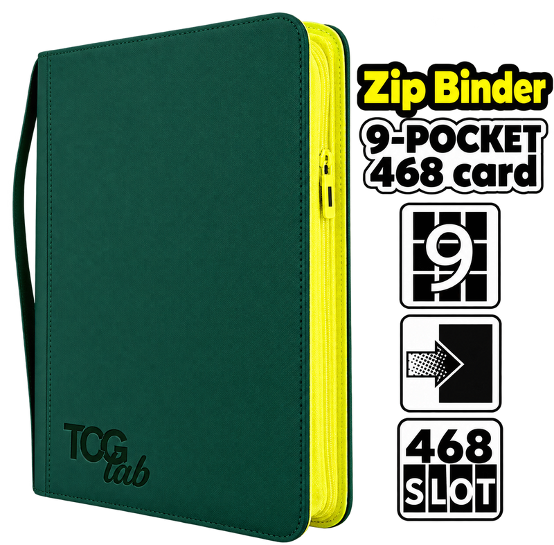 TCG Lab – Album 9 Tasche per 468 Carte con Zip – Verde Foresta/Giallo