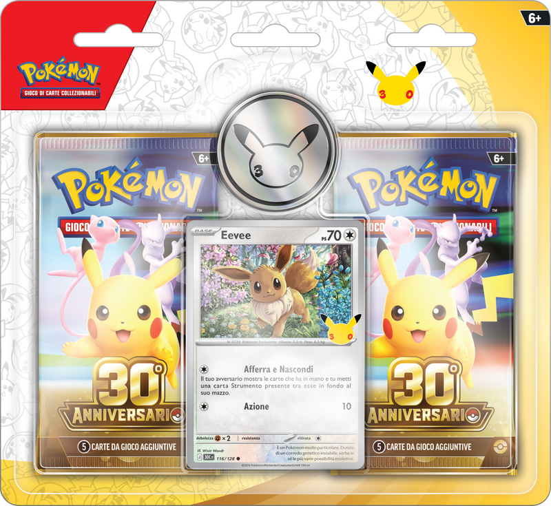 Blister 2 Buste Eevee Pokémon 30° Anniversario IT con carta promo olografica di Eevee, moneta esclusiva e 2 buste Pokémon GCC