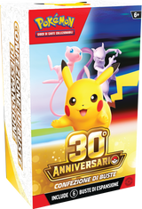 Vista laterale della Confezione di 6 Buste Pokémon 30° Anniversario IT Booster Bundle ufficiale.