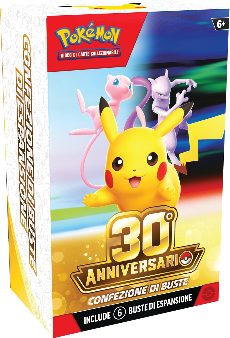 Vista laterale della Confezione di 6 Buste Pokémon 30° Anniversario IT Booster Bundle ufficiale.