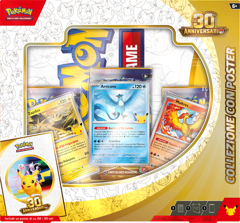 Collezione Poster Pokémon 30° Anniversario IT con carte promo di Articuno, Zapdos e Moltres, poster esclusivo e 3 buste Pokémon GCC