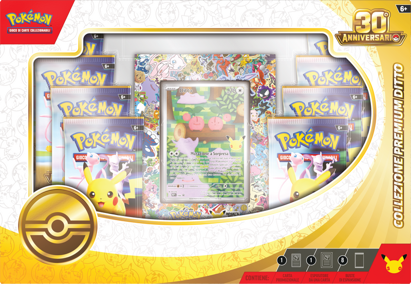 Collezione Premium Ditto Pokémon 30° Anniversario IT con carta promo olografica di Ditto, espositore per carta e 8 buste Pokémon GCC