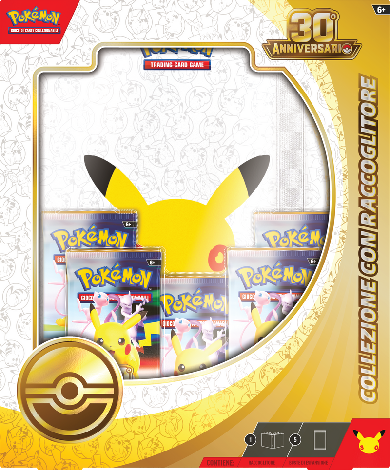 Collezione Raccoglitore Pokémon 30° Anniversario italiana con binder esclusivo Pikachu e 5 buste dell'espansione Pokémon GCC.