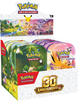 Display ufficiale delle Mini Tin Pokémon 30° Anniversario contenente la collezione completa delle scatoline in metallo.
