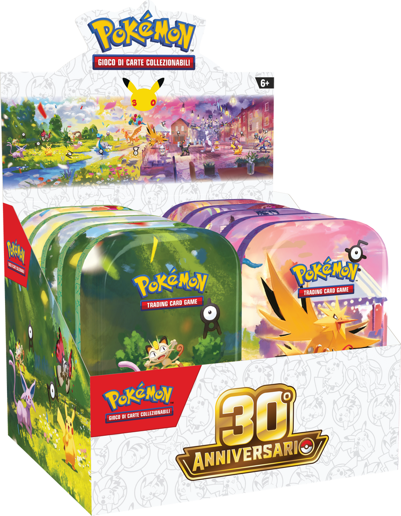 Display ufficiale delle Mini Tin Pokémon 30° Anniversario contenente la collezione completa delle scatoline in metallo.