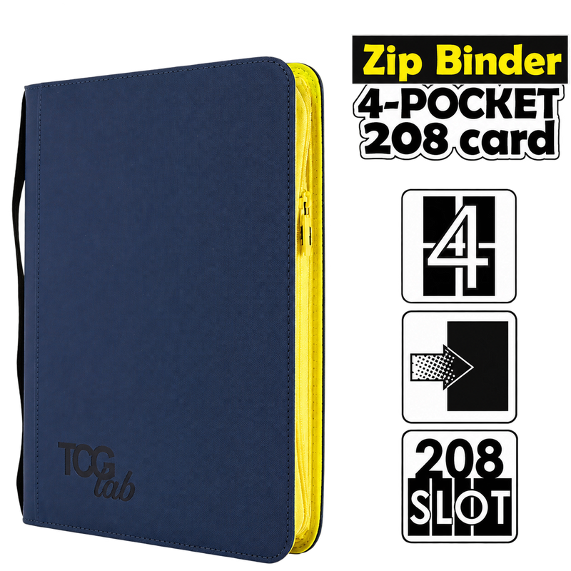 Album TCG Lab 4 Pocket blu con zip gialla, raccoglitore a 4 tasche per 208 carte collezionabili Pokémon, One Piece e Magic.