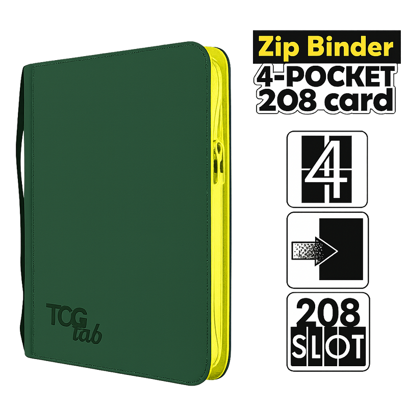 TCG Lab Album 4 Tasche Forest Green con zip gialla, raccoglitore per 208 carte collezionabili Pokémon, One Piece e altri TCG.