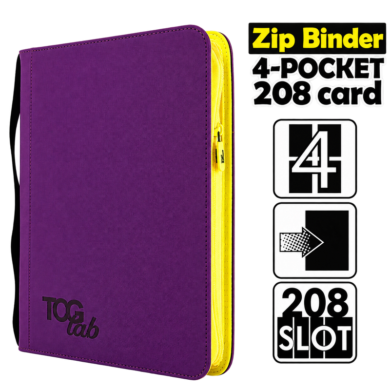TCG Lab Album 4 Tasche Purple con zip gialla, raccoglitore per 208 carte collezionabili Pokémon, One Piece e altri TCG.