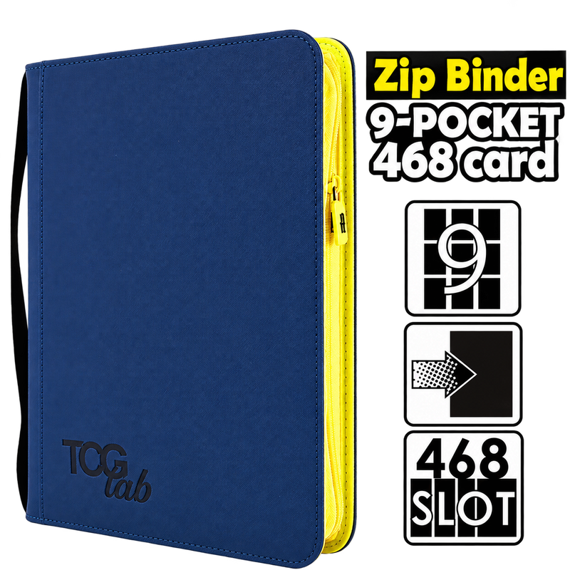 TCG Lab album raccoglitore da 468 carte con 9 tasche, copertina blu scuro e chiusura a zip gialla per carte Pokémon, One Piece e altri TCG.
