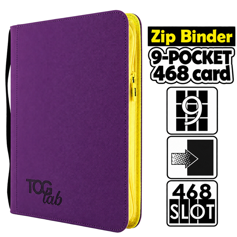 Dettaglio del raccoglitore TCG Lab 9 Pocket Binder viola con zip gialla e capacità fino a 468 carte collezionabili.