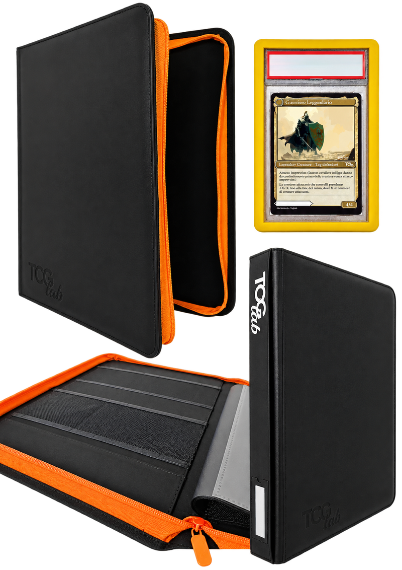 TCG Lab Album Premium Leather Black per 32 Graded Slab, raccoglitore nero effetto pelle a 4 tasche con chiusura a zip per carte collezionabili certificate.