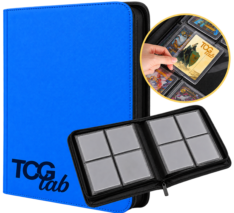 TCG Lab album blu per 112 Toploader con chiusura a zip e 4 tasche per pagina, raccoglitore per carte Pokémon, One Piece e altri TCG protette da Toploader.
