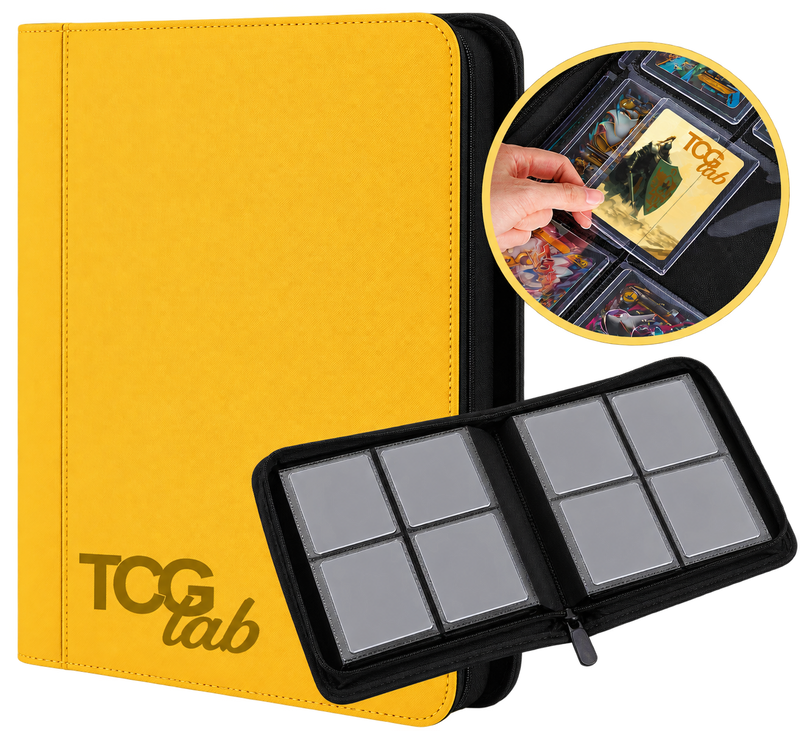 TCG Lab album giallo per 112 Toploader con chiusura a zip e 4 tasche per pagina, raccoglitore per carte Pokémon, One Piece e altri TCG protette da Toploader.