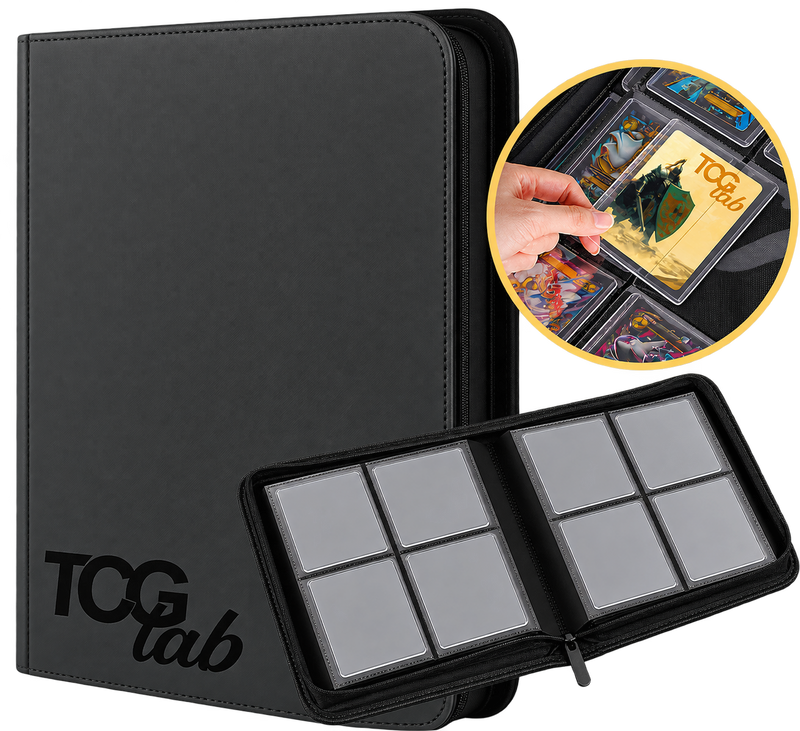 TCG Lab album nero per 112 Toploader con chiusura a zip e 4 tasche per pagina, raccoglitore per carte Pokémon, One Piece e altri TCG protette da Toploader.