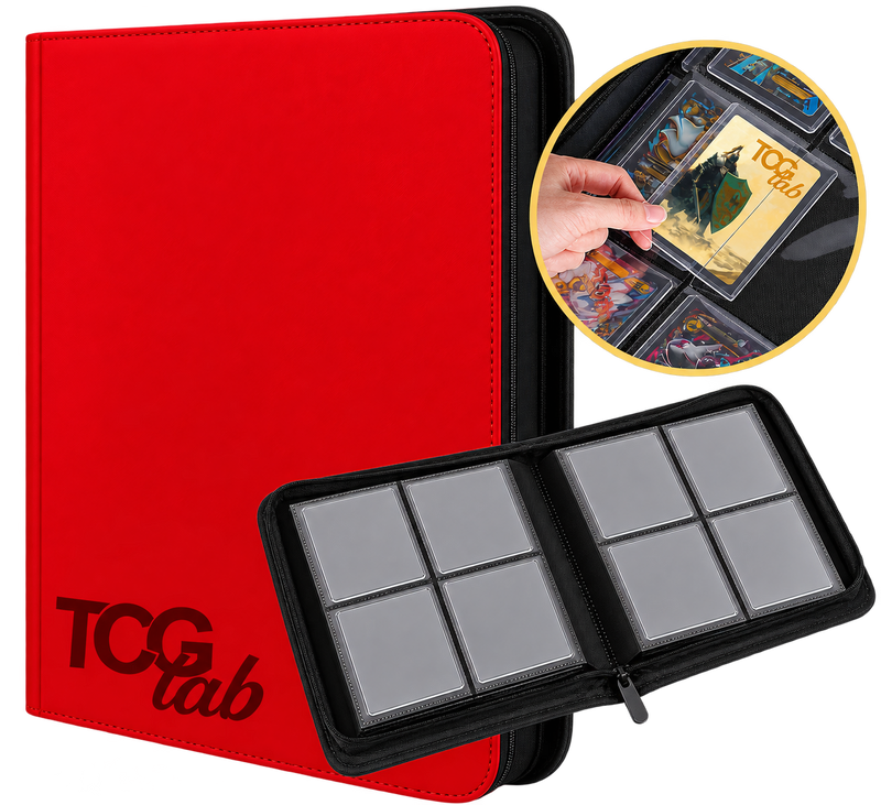 TCG Lab album rosso per 112 Toploader con chiusura a zip e 4 tasche per pagina, raccoglitore per carte Pokémon, One Piece e altri TCG protette da Toploader.