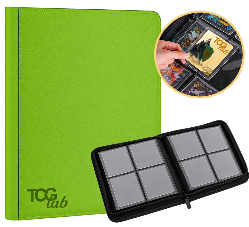 TCG Lab album verde per 112 Toploader con chiusura a zip e 4 tasche per pagina, raccoglitore per carte Pokémon, One Piece e altri TCG protette da Toploader.
