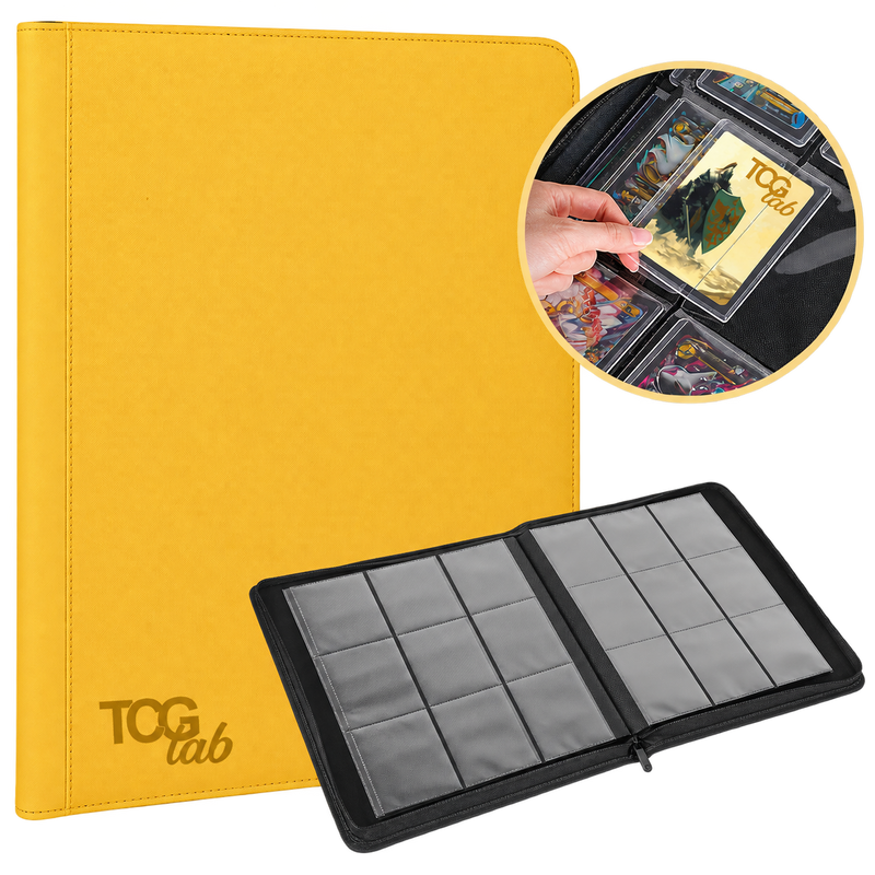 TCG Lab raccoglitore giallo con chiusura a zip e tasche trasparenti per carte collezionabili Pokémon, One Piece, Magic e altri TCG.