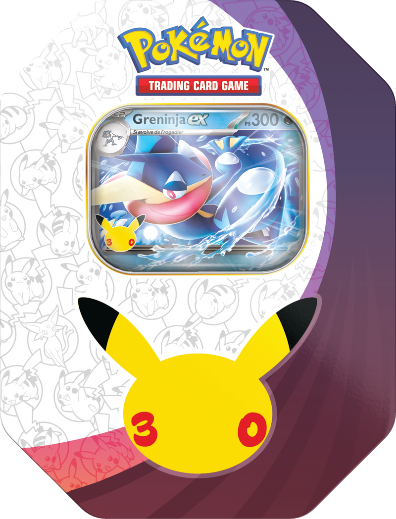 Tin Greninja ex Pokémon 30° Anniversario italiana con carta promozionale foil, carta gigante e 5 buste Pokémon GCC.