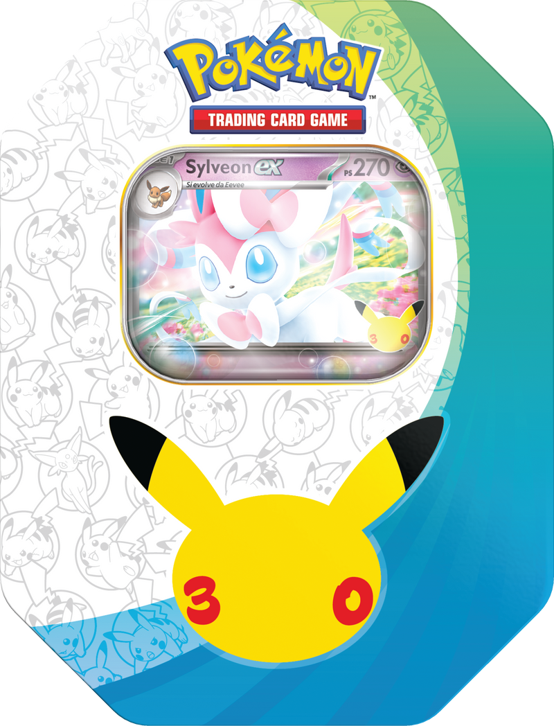 Tin Sylveon ex Pokémon 30° Anniversario italiana con carta promozionale foil e 5 buste dell'espansione Pokémon GCC.